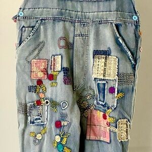 Blue Velvet Colorful Embroidered Patchwork Overalls
